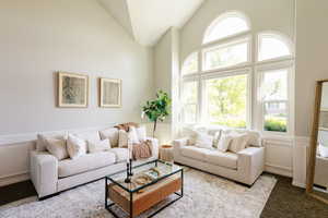 Living room featuring high vaulted ceiling, wainscoting, a decorative wall, and carpet