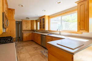 Kitchen featuring appliances with stainless steel finishes, a sink, glass insert cabinets, light countertops, and recessed lighting