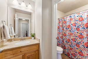Full bathroom featuring toilet, vanity, a bathtub and shower
