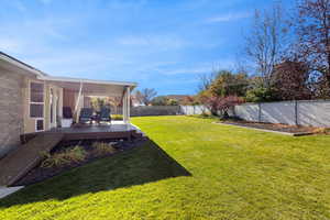 Fenced backyard featuring a deck