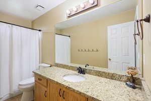 Bathroom with toilet, vanity, and a shower with shower curtain