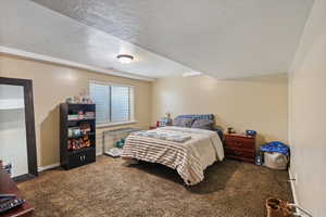 Bedroom with carpet floors, a textured ceiling, and baseboards
