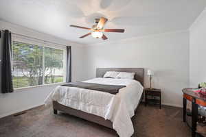 Carpeted bedroom with crown molding, baseboards, and ceiling fan