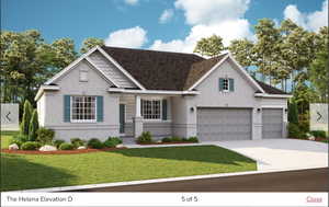 View of front of house featuring brick siding, driveway, a front yard, and a shingled roof