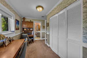 Office with wallpapered walls, light colored carpet, a wainscoted wall, and ornamental molding