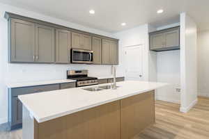 Kitchen featuring stainless steel appliances, a sink, tasteful backsplash, baseboards, and light wood-style floors