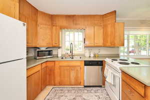 Kitchen featuring appliances with stainless steel finishes, a sink, light countertops, crown molding, and healthy amount of natural light