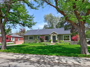 Ranch-style home featuring a front lawn