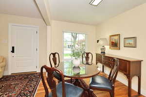 Dining room with light wood-type flooring and baseboards