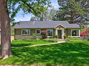Ranch-style house with a front yard and roof with shingles
