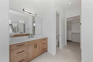 Bathroom featuring toilet, vanity, baseboards, and a walk in closet