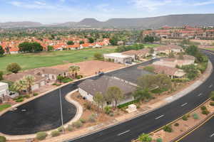 Aerial view of residential area with mountains