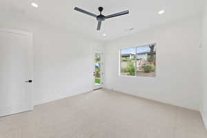 Empty room with ceiling fan, carpet flooring, recessed lighting, and baseboards