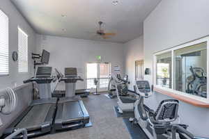 Workout area featuring a ceiling fan