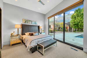 Carpeted bedroom with access to outside, a mountain view, recessed lighting, and ceiling fan