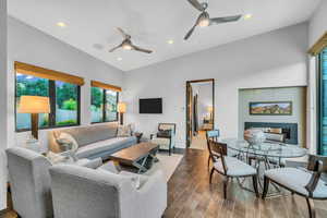 Living room featuring recessed lighting, wood finish floors, and ceiling fan