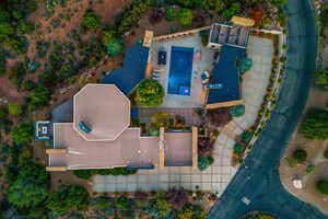 View from above of property with a pool