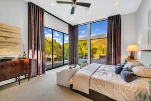 Bedroom with carpet, access to exterior, ceiling fan, and recessed lighting