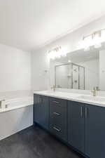 Bathroom featuring a bath, a stall shower, and double vanity
