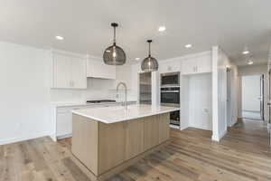 Kitchen with stainless steel appliances, a sink, baseboards, recessed lighting, and light countertops
