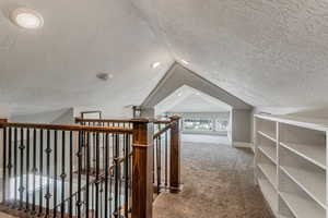 Bonus room featuring carpet, vaulted ceiling, baseboards, and a textured ceiling