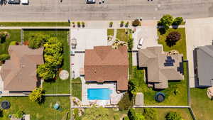 Bird's eye view of home and pool area