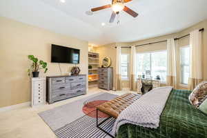 Primary Bedroom with baseboards, light carpet, an office area, recessed lighting, and a ceiling fan