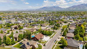 Aerial perspective of suburban area featuring mountains