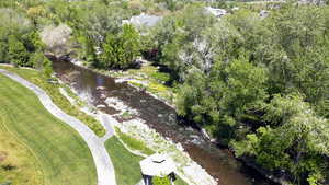 Aerial overview of property's location featuring a large body of water