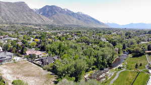 Aerial view of residential area with mountains