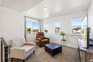 Sitting room with carpet flooring and baseboards