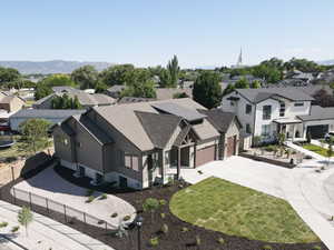 Aerial view of residential area with a mountain backdrop