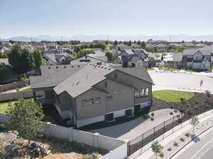 Aerial view of residential area with mountains