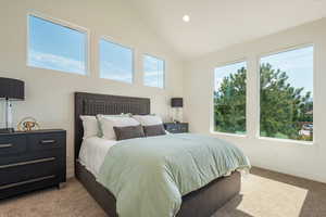 Carpeted bedroom with lofted ceiling and recessed lighting