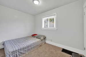 Bedroom featuring carpet floors, baseboards, and a textured ceiling