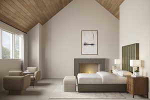 Bedroom featuring light carpet, wood ceiling, vaulted ceiling, and a warm lit fireplace