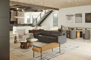 Common area with stairs, recessed lighting, and beam ceiling