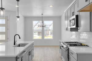 Kitchen featuring stainless steel appliances, a sink, baseboards, light wood-style flooring, and decorative backsplash
