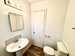 Bathroom featuring a sink, wood finished floors, and toilet