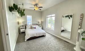 Carpeted bedroom with multiple windows and baseboards