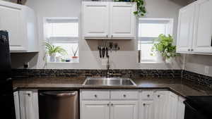 Kitchen featuring dishwasher, a sink, dark countertops, and white cabinets