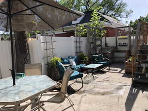 View of patio featuring a fenced backyard and outdoor dining area