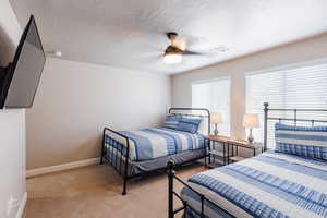 Bedroom featuring carpet floors, baseboards, a ceiling fan, and a textured ceiling