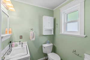 Bathroom featuring toilet, ornamental molding, baseboards, and vanity