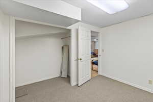 Below grade area with light carpet and baseboards