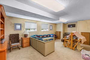 Living room with light carpet