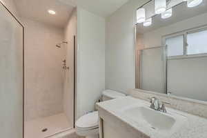 Bathroom featuring toilet, a stall shower, recessed lighting, and vanity