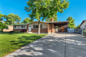 View of front of property featuring brick siding, concrete driveway, a chimney, an attached carport, and entry steps