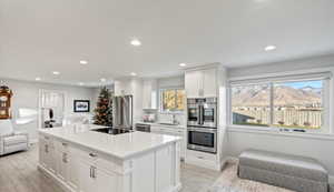 Kitchen with stainless steel appliances, recessed lighting, a sink, baseboards, and white cabinets