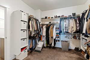 Walk in closet with carpet floors